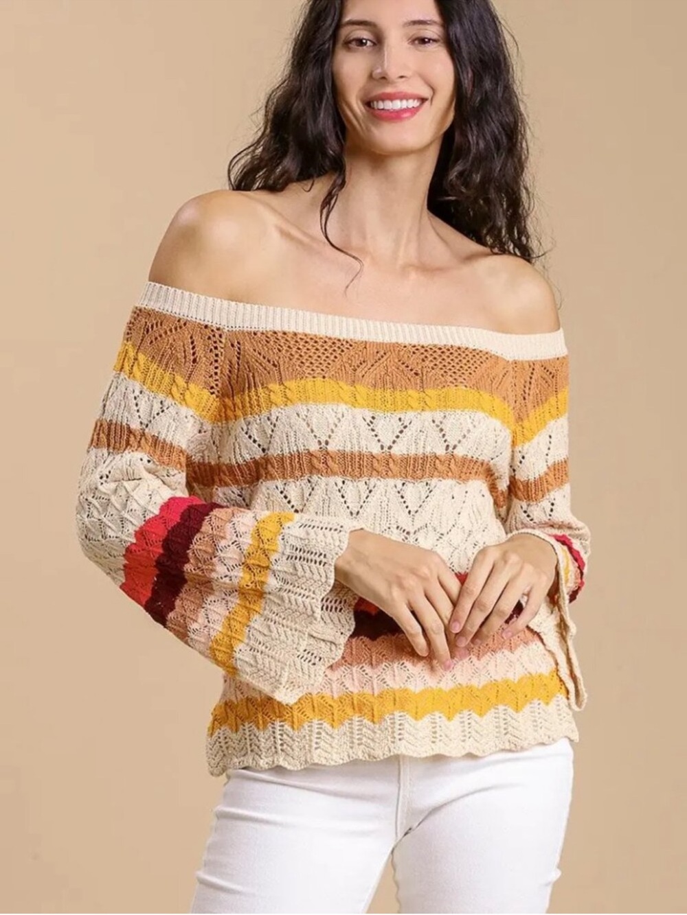 Umgee Color Block Long Sleeve Pointelle Knit Pullover Sweater In Natural NEW